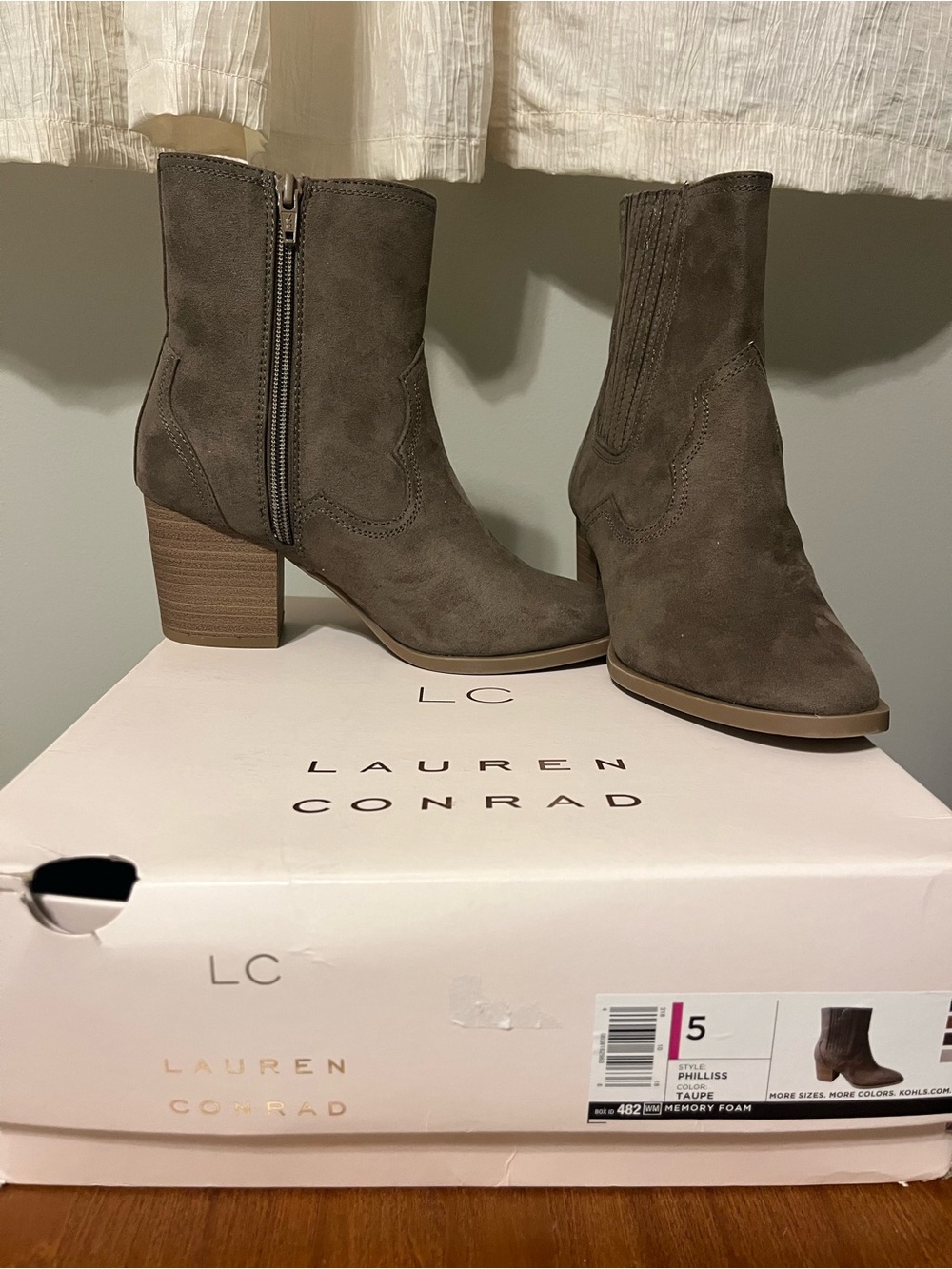 Kohl's LC Lauren Conrad Taupe Suede Block Heel Ankle Boots